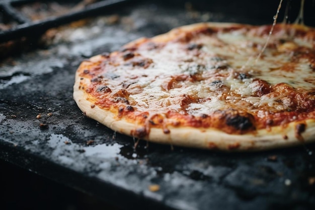 Een close-up van een rustieke pizza steen in een oven