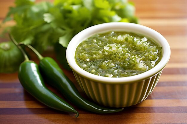 Foto een close-up van een salsa verde groene salsa gemaakt met tomatillos