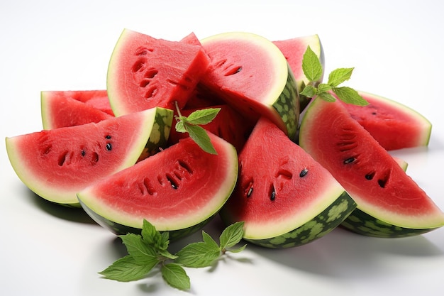 Een close-up van een sappige watermeloen en slices isolatie witte achtergrondGegenereerd met AI