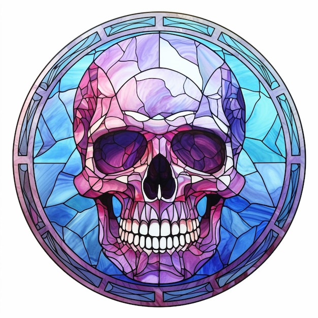 Een close-up van een schedel in een cirkel van gebrandschilderd glas generatieve ai