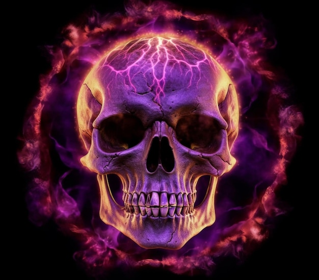 een close-up van een schedel met een paars en rood vuur op de achtergrond generatieve ai