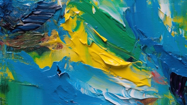 Een close-up van een schilderij met gele en blauwe verf.