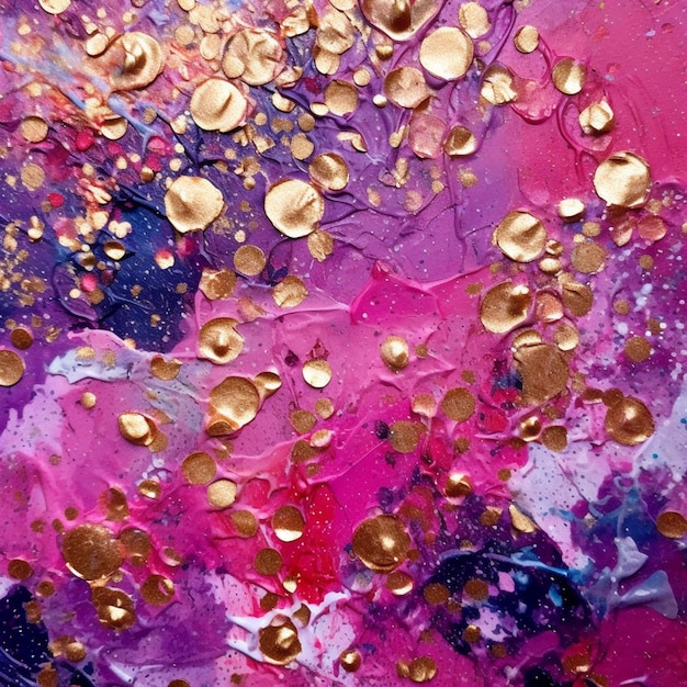 Een close-up van een schilderij met gouden verf en roze verf generatieve ai