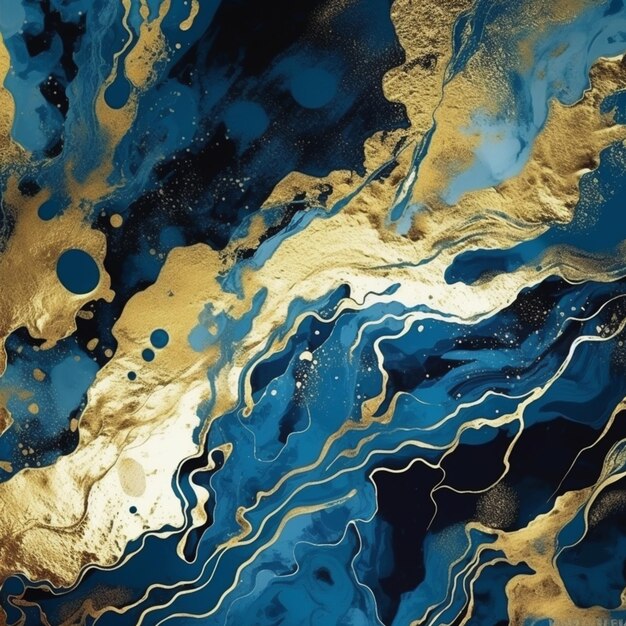 een close-up van een schilderij van blauw en goud met een zwarte achtergrond generatieve ai