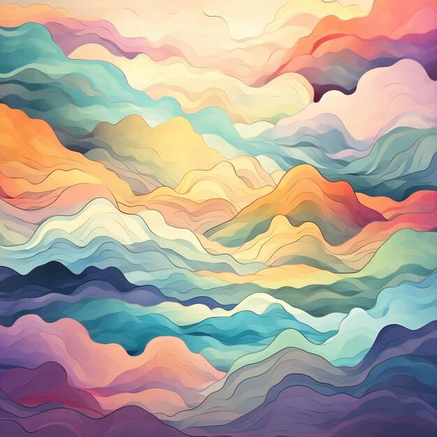 een close-up van een schilderij van een bergketen met wolken generatieve ai