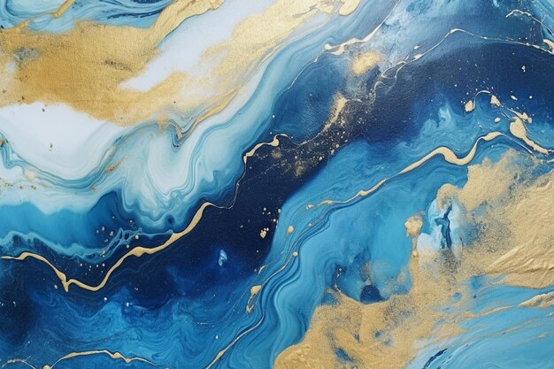 Een close-up van een schilderij van een blauw-gouden vloeistof schilderij generatieve ai