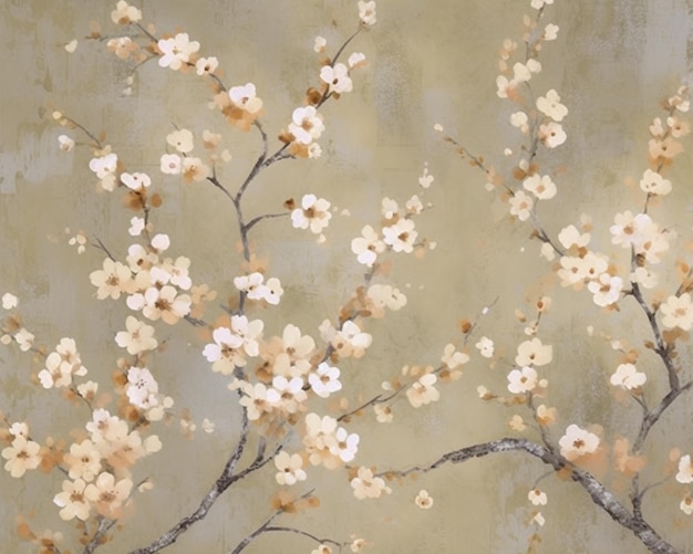 een close-up van een schilderij van een boom met witte bloemen generatieve ai