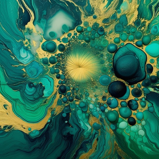 Een close up van een schilderij van een groene en gele swirl generatieve ai