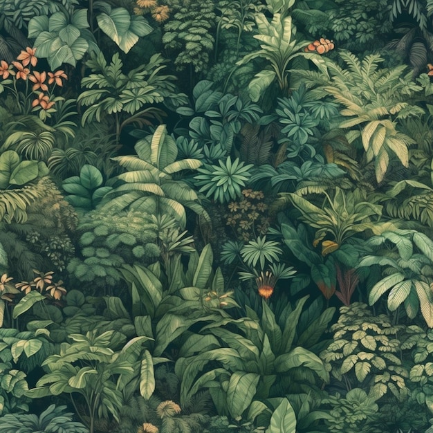 een close-up van een schilderij van een jungle met veel planten generatieve ai