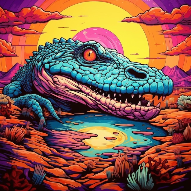 Een close-up van een schilderij van een krokodil in een woestijn generatieve ai