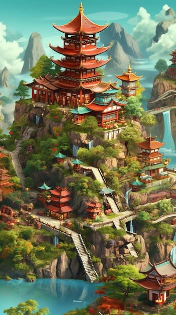 Een close up van een schilderij van een pagode op een berg generatieve ai