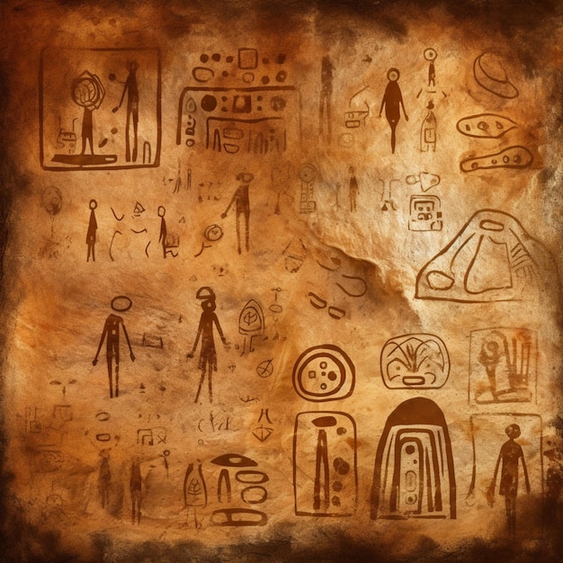 een close-up van een schilderij van een persoon en verschillende symbolen generatieve ai