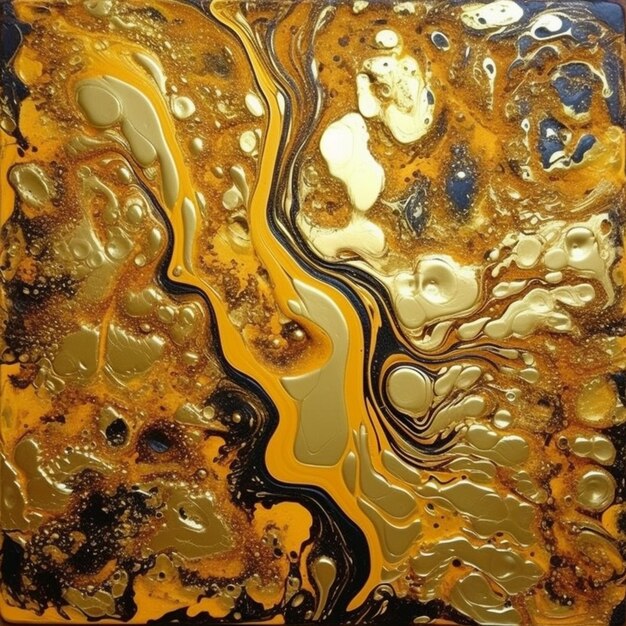 een close-up van een schilderij van een rivier met goud en zwarte verf generatieve ai