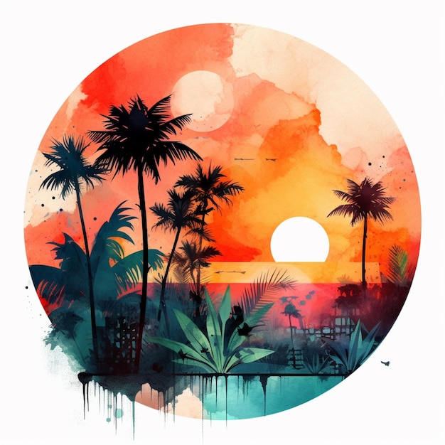 Een close up van een schilderij van een zonsondergang met palmbomen generatieve ai