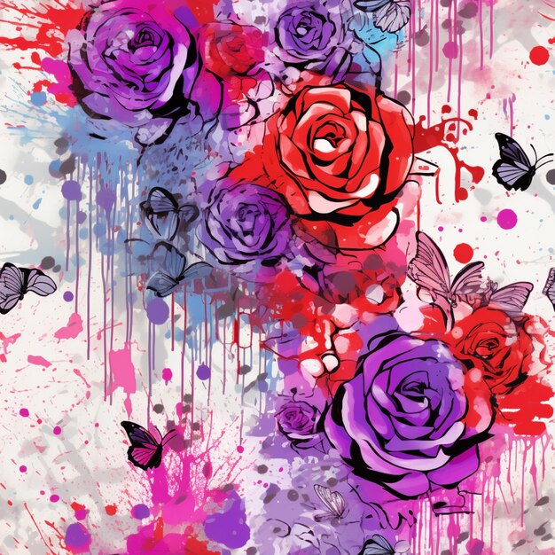 een close-up van een schilderij van rozen en vlinders op een witte achtergrond generatieve ai