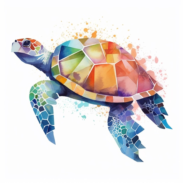 een close-up van een schildpad geschilderd in een kleurrijk geometrisch patroon generatieve ai