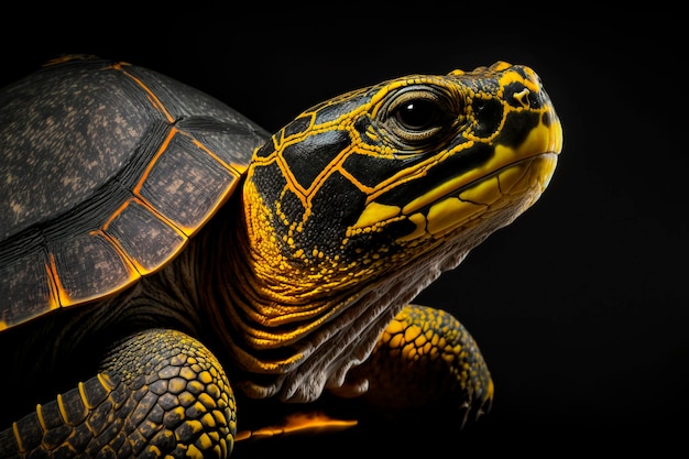 Een close-up van een schildpad met een zwarte achtergrond