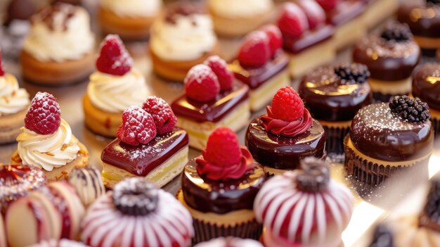 Een close-up van een schitterende reeks Franse patisserie lekkernijen