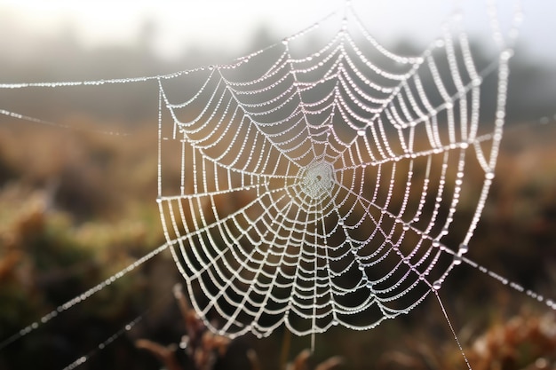 Een close-up van een spinnenweb dat glinstert met ochtenddauw