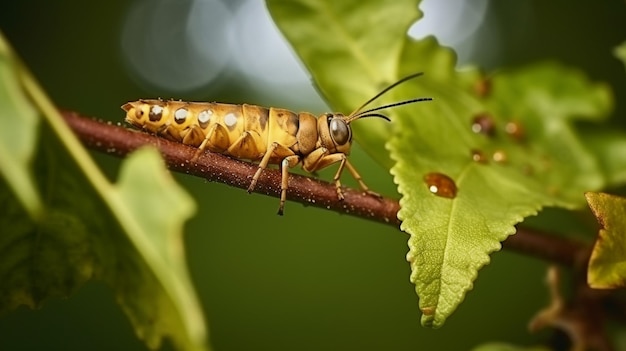 Een close-up van een sprinkhaan op een tak met groene bladeren