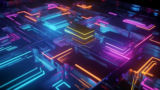Een close-up van een stad met neonlichten en een generatieve AI van een gebouw