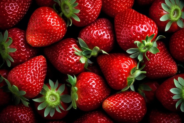 Een close-up van een stapel aardbeien waarvan de bovenste de groene punt laat zien.