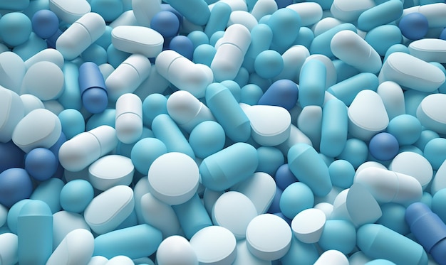 een close-up van een stapel blauwe en witte pillen