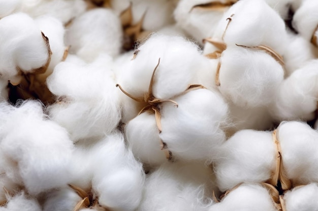 Een close-up van een stapel katoen met een bos witte bloemen generatieve ai