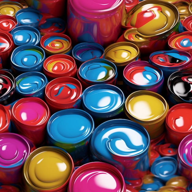 Foto een close-up van een stapel kleurrijke blikjes met deksels generatieve ai