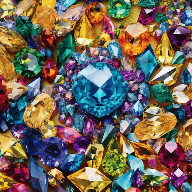 een close-up van een stapel kleurrijke kristallen op een tafel generatieve ai
