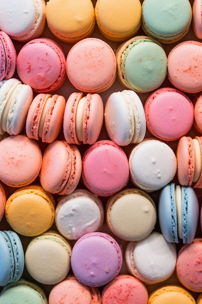 Een close-up van een stapel kleurrijke macarons op een generatieve ai tafel