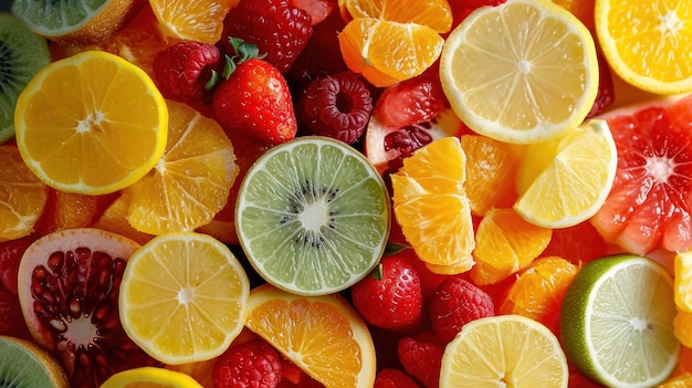 Een close-up van een stapel verschillende groenten en fruit ai