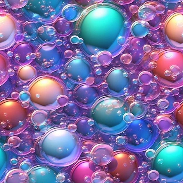 Een close-up van een stel bubbels die in een blauwe en paarse vloeibare generatieve ai drijven