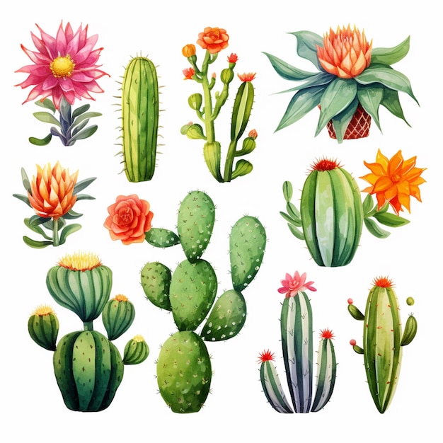 een close-up van een stel cactusplanten met bloemen generatieve ai