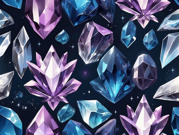Een close-up van een stel kristallen met blauwe en paarse lichten