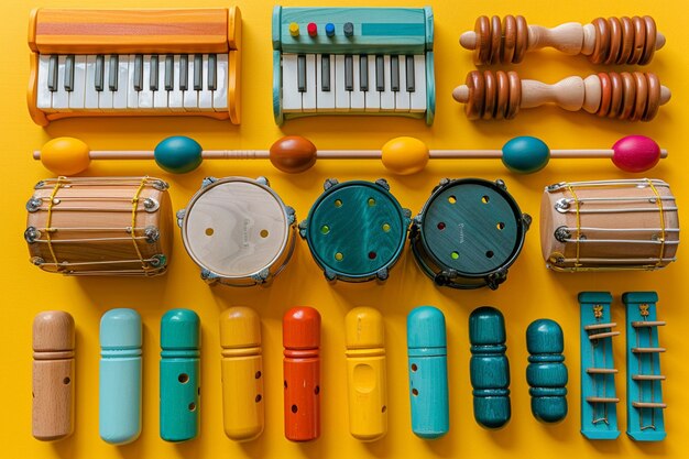 Foto een close-up van een stel muziekinstrumenten op een geel oppervlak generatieve ai