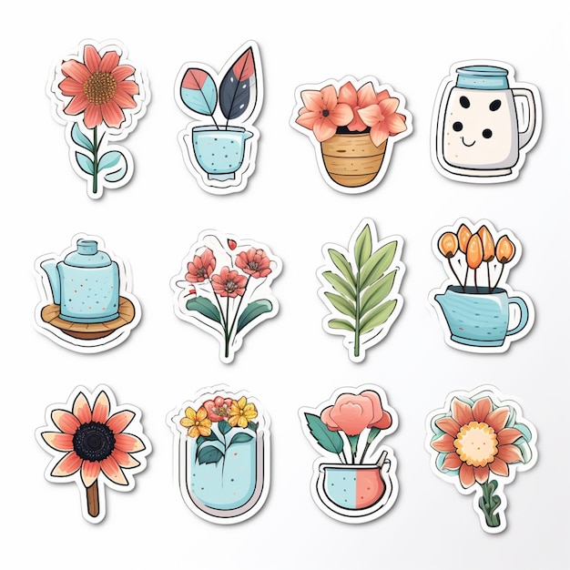 Foto een close-up van een stel stickers met bloemen en planten generatieve ai