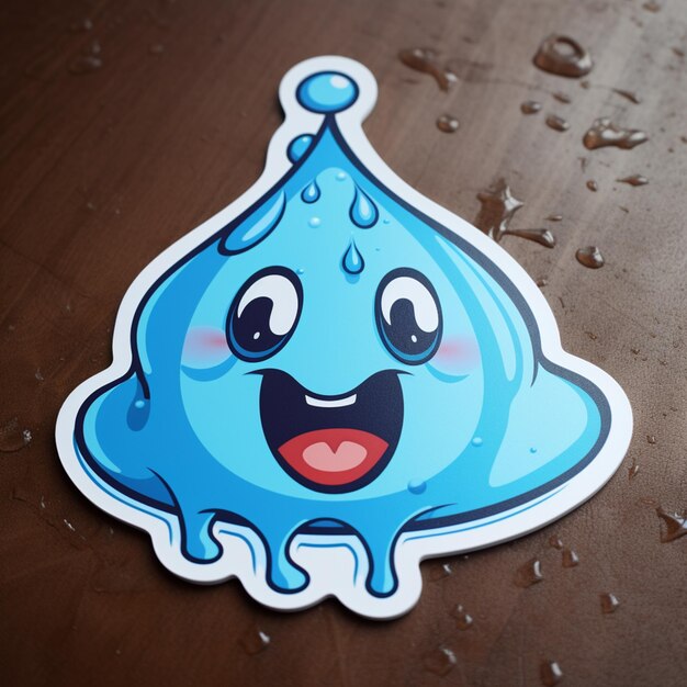 Een close-up van een sticker met een glimlachende blauwe vloeibare druppel generatieve ai