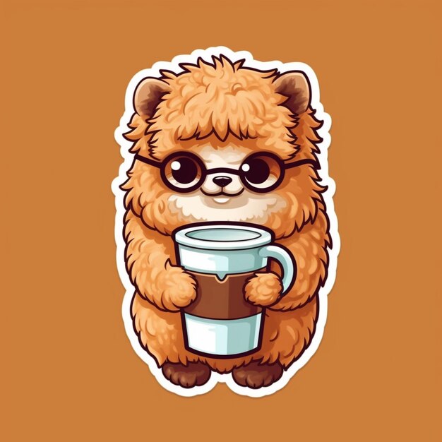 Een close-up van een sticker van een beer die een kopje koffie generatieve ai vasthoudt