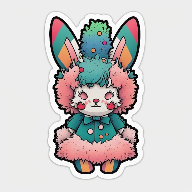 Een close-up van een sticker van een konijn met een roze jurk en een groene hoed generatieve ai
