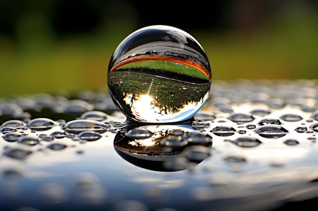 Een close-up van een stormachtige regenbui terwijl elke afzonderlijke druppel een uniek rimpeleffect creëert op de