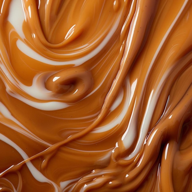 Foto een close-up van een stuk chocolade met karamelsaus erop.