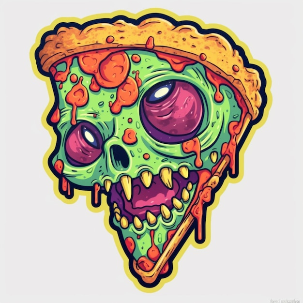 Een close-up van een stuk pizza met een zombie gezicht generatieve AI