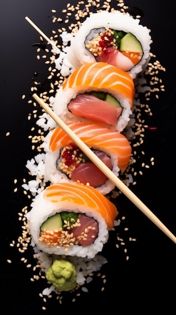 Een close-up van een sushi roll met eetstokjes op een zwarte plaat generatieve ai