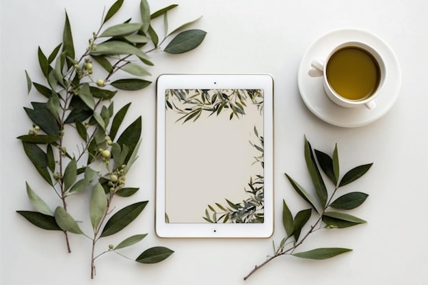 een close-up van een tablet met een kop koffie en een plant generatieve ai