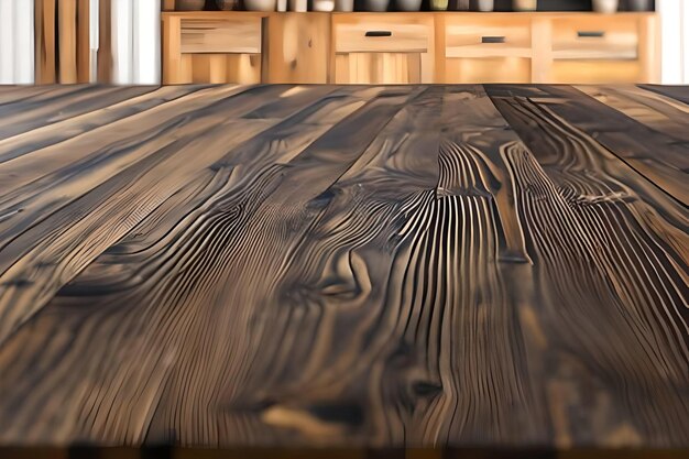 Een close-up van een tafel met een houten tafel in een keuken.