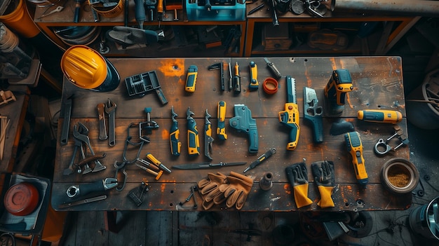 een close-up van een tafel met gereedschappen erop en een harde hoed generatieve ai