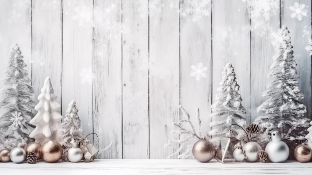 een close-up van een tafel met kerstversieringen en een houten achtergrond generatieve ai