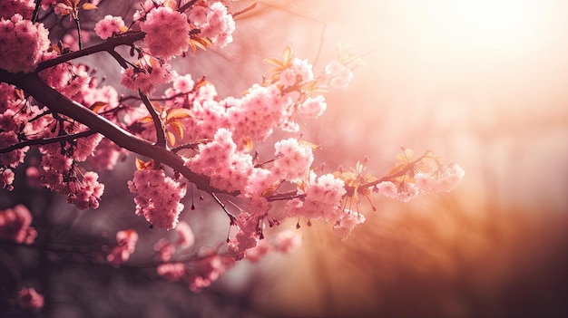 Een close-up van een tak kersenbloesems waar de zon op schijnt