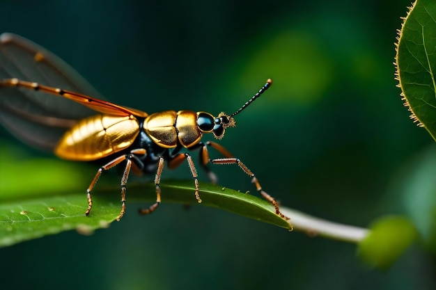 Een close-up van een tak van een boom en een gouden bug op de top een blad